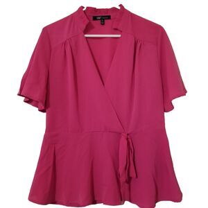 YMI Collection Blouse XLarge Magenta Pink Womens Deep Vneck Ruffle Neck